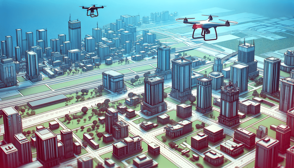 A cartoon style image of a modern urban cityscape with detailed buildings and roads, showcasing urban planning and development.