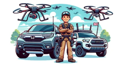 A cartoon style image of a drone pilot standing proudly next to a Honda Ridgeline, with a Toyota Tacoma in the background and drones flying overhead