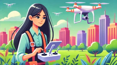 A-cartoon-style-illustration-of-a-female-drone-pilot-operating-a-drone-in-a-vibrant-urban-environment.