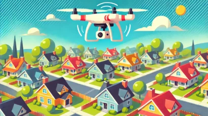 A-cartoon-style-illustration-of-a-drone-flying-over-a-suburban-neighborhood-capturing-images-of-rooftops.