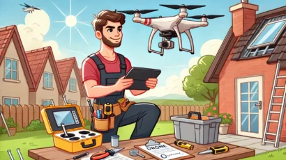 A cartoon-style illustration of a drone pilot preparing to launch a drone for a roof assessment.