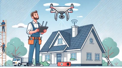 A-cartoon-style-image-of-a-roofer-using-drone-technology-to-inspect-a-roof.