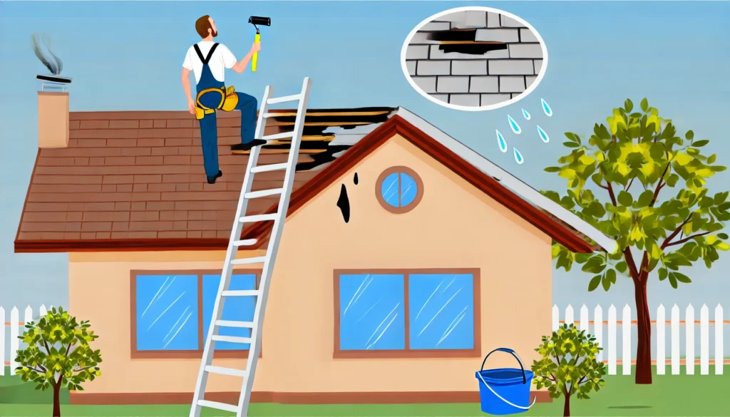 A-cartoon-style-image-of-a-roofing-contractor-on-a-ladder-inspecting-a-roof-after-a-storm-with-some-damaged-shingles-and-a-clear-view-of-the-house.