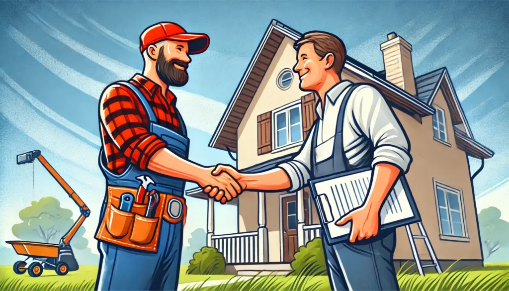 A-cartoon-style-image-of-a-roofer-shaking-hands-with-a-homeowner-outside-a-house-symbolizing-a-completed-roof-inspection-and-agreement-for-repairs.