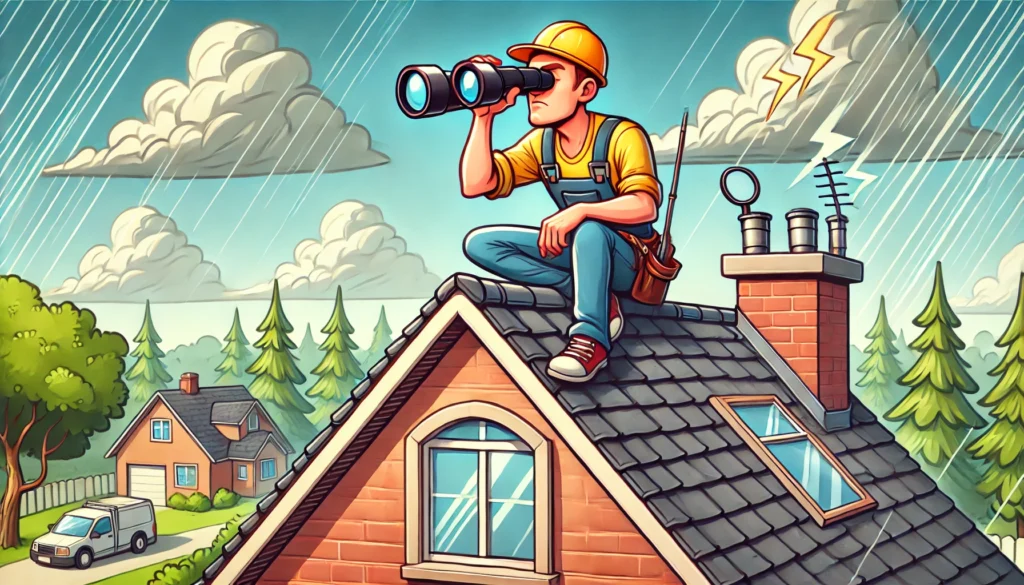 A-cartoon-style-image-of-a-roofer-on-the-roof-of-a-house-performing-a-roof-inspection-while-looking-through-binoculars-checking-for-storm-damage.