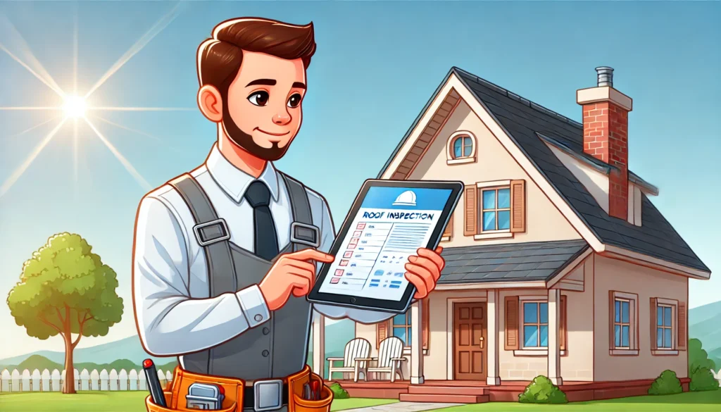 A-cartoon-style-image-of-a-roofer-showing-a-homeowner-the-results-of-a-roof-inspection-on-a-tablet-standing-outside-a-house.