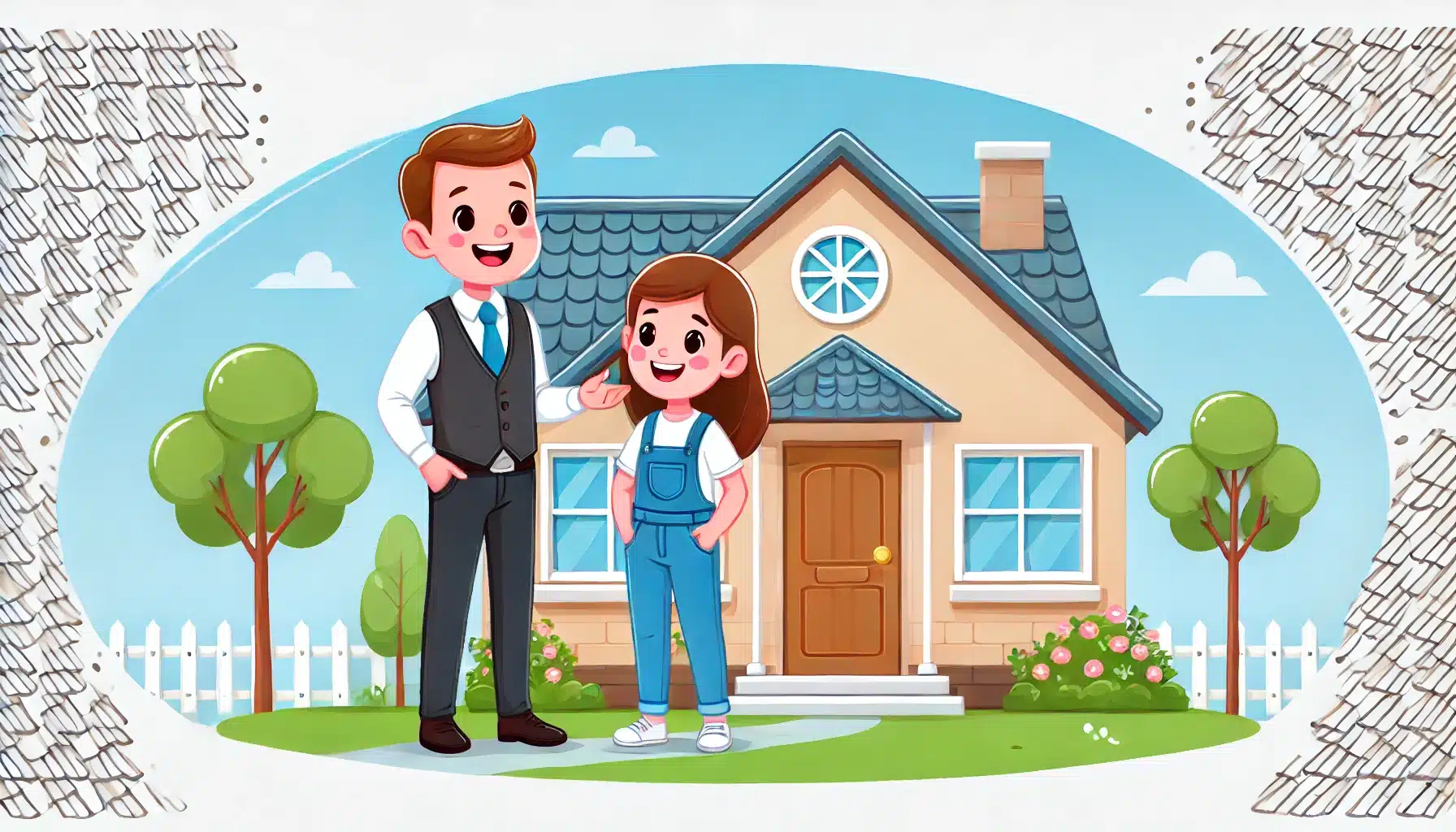 A-friendly-cartoon-style-roofer-interacting-with-a-happy-homeowner-in-front-of-a-house-representing-a-strong-customer-relationship.