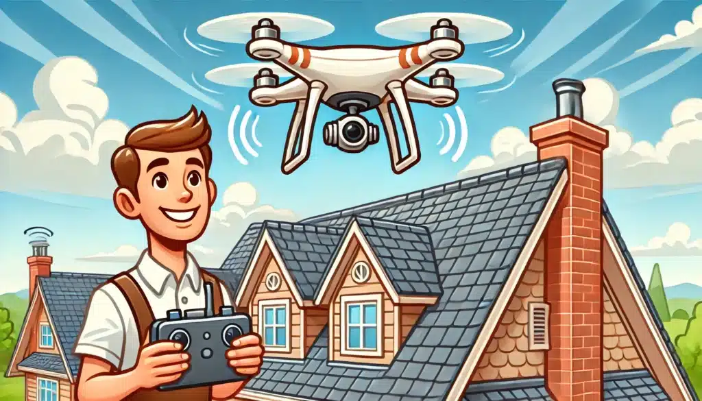 A-cartoon-style-image-showing-a-high-tech-drone-flying-over-a-roof-capturing-inspection-images.-The-roof-is-detailed-with-shingles-and-vents.