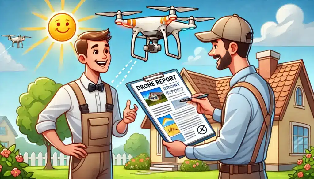 A cartoon-style image showing a happy homeowner reviewing a detailed drone report with a roofing contractor on a sunny day.