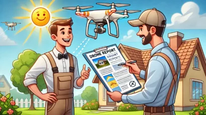 A cartoon-style image showing a happy homeowner reviewing a detailed drone report with a roofing contractor on a sunny day.